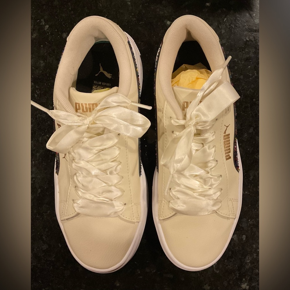 PUMA Smash V3 Platform Sneakers Size 8 & Rainbow SWAROVSKI stones Ribbon Ties - Picture 6 of 11